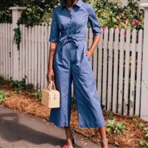 Gal Meets Glam Sawyer Jumpsuit Size 2 Cropped Wide Leg In Paris Blue Dou…